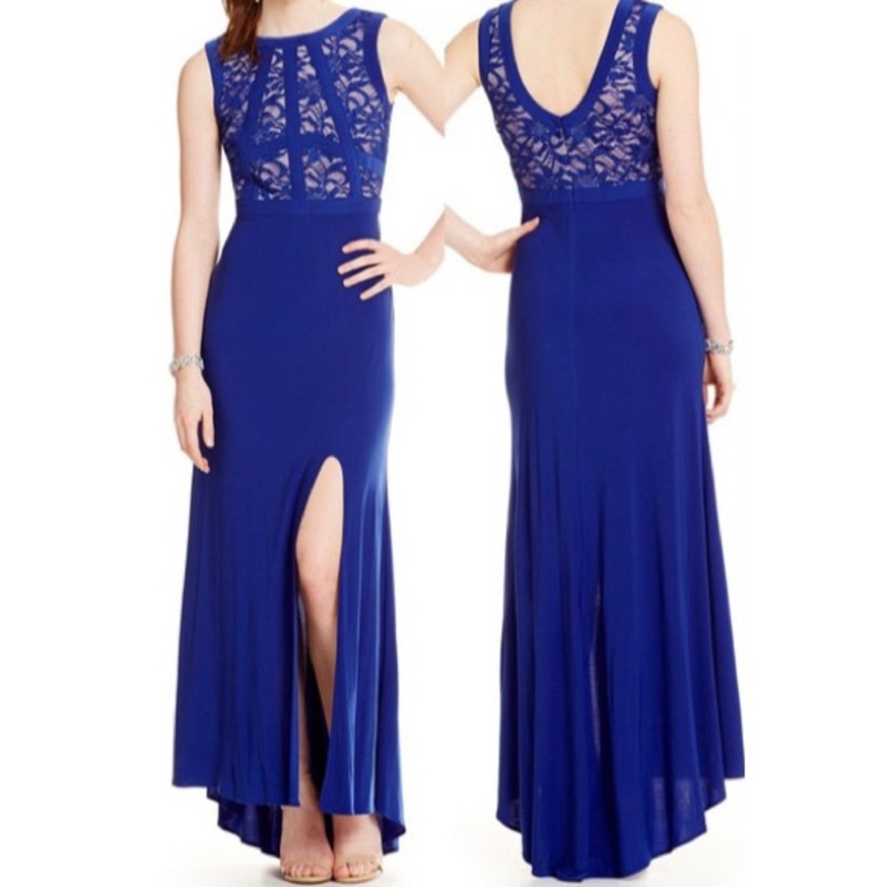 Morgan & Co. royal blue gown with thigh slit